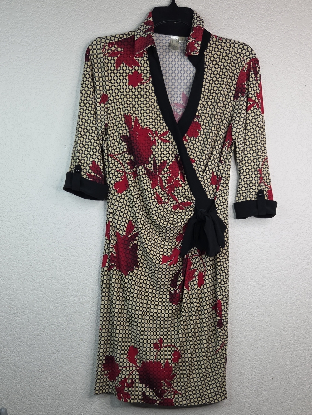 Emma & Michele Cream Midi Wrap Dress with Red Floral and Black Trim